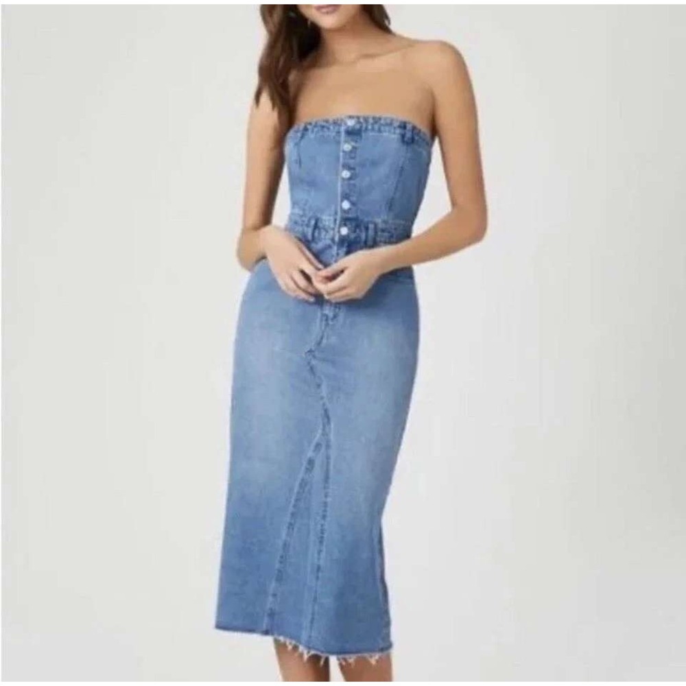 Sincerely Jules Button Front Denim Strapless Midi Dress Size M Y2K Casual Boho